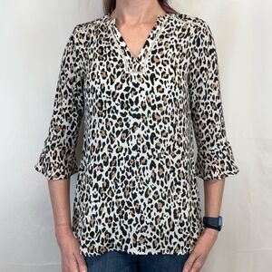 Maurices Womens Animal Print 3/4 Length Sleeve Blouse S SM Small Cream Tan Black